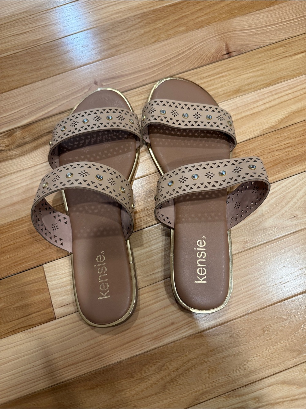 Kensie Beige Laser-Cut Double-Strap Slide Sandals with Studs - Picture 2 of 3
